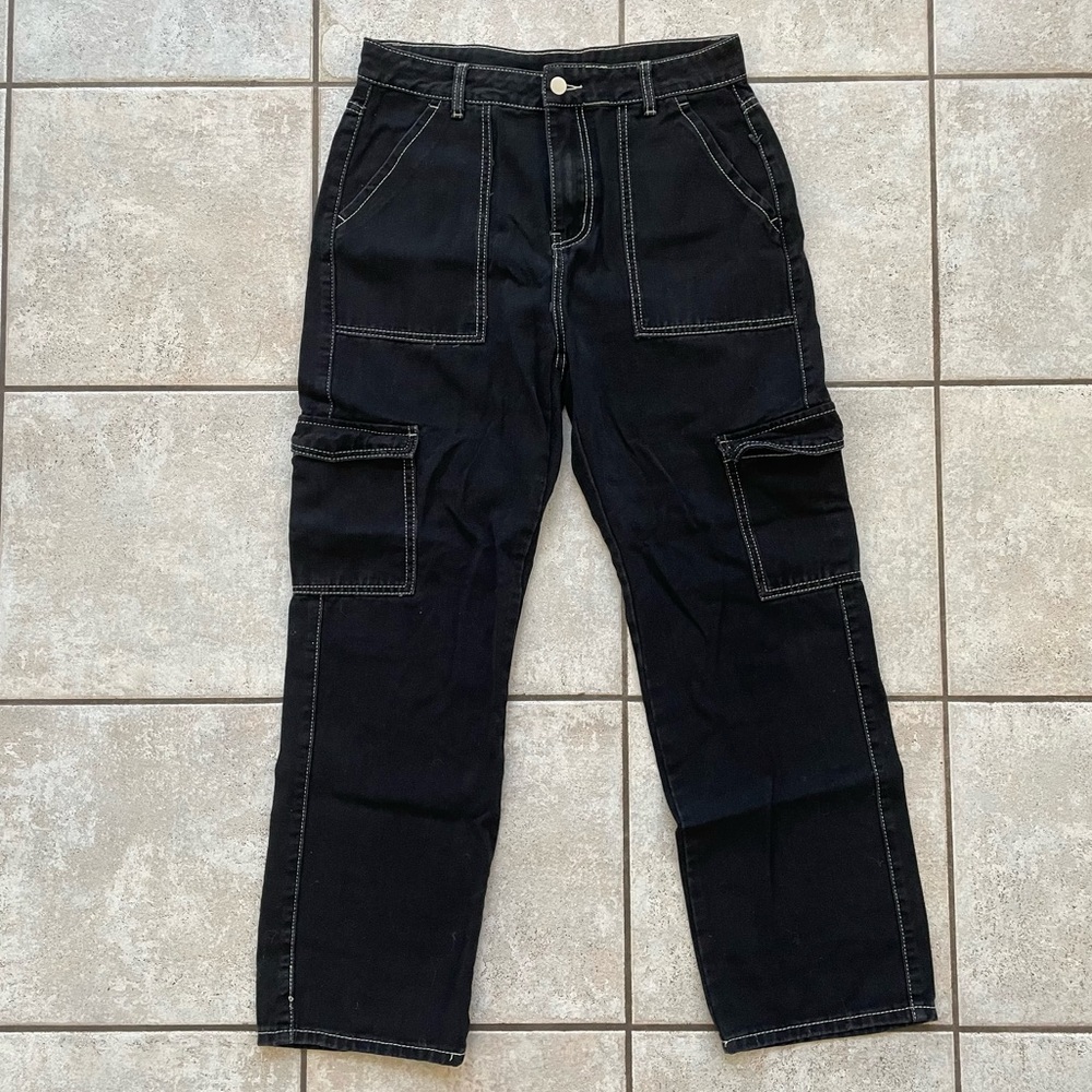 Black Utility Pants With White Thread Detailing - Size Large